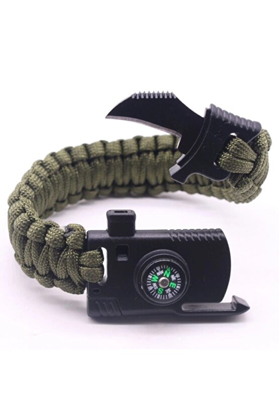 Bıçaklı Düdüklü Pusulalı Paracord Bileklik Siyah