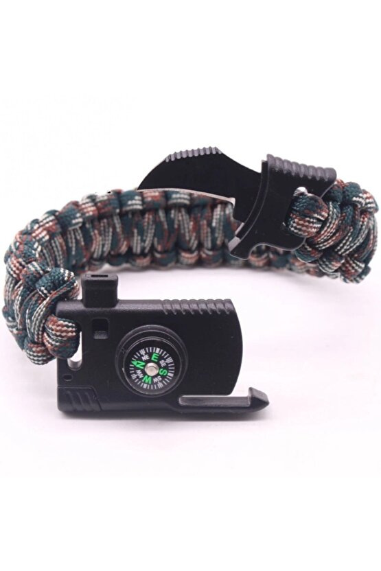 Bıçaklı Düdüklü Pusulalı Paracord Bileklik Siyah