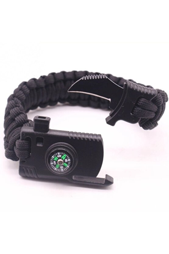 Bıçaklı Düdüklü Pusulalı Paracord Bileklik Siyah