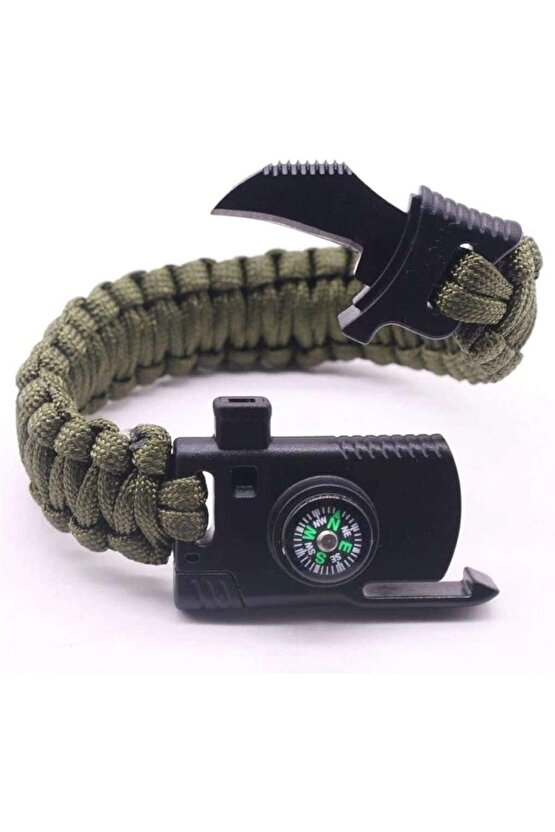 Bıçaklı Paracord Paraşüt Ipi Bileklik - Ateş Başlatıcı- Düdük - Pusula (haki)