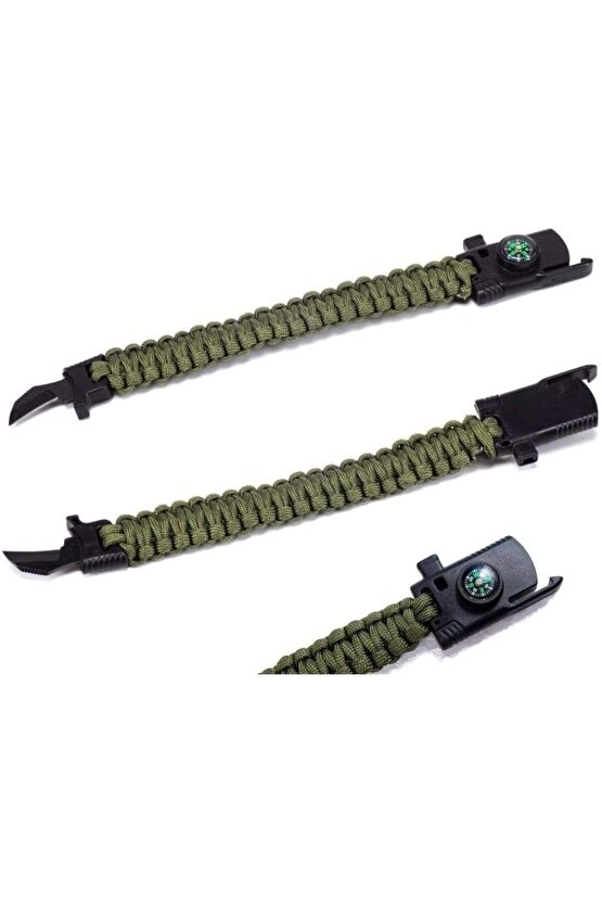 Bıçaklı Paracord Paraşüt Ipi Bileklik - Ateş Başlatıcı- Düdük - Pusula (haki)