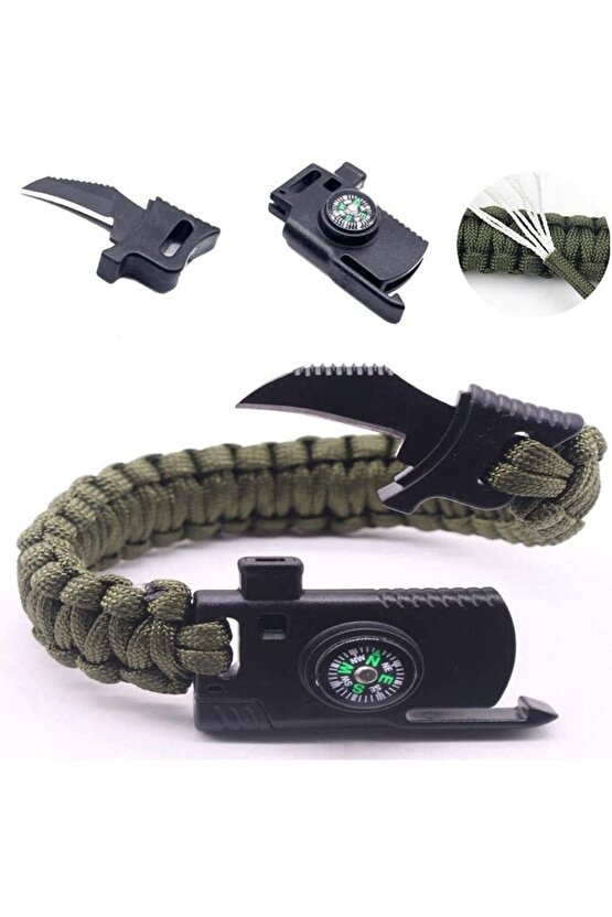 Bıçaklı Paracord Paraşüt Ipi Bileklik - Ateş Başlatıcı- Düdük - Pusula (haki)