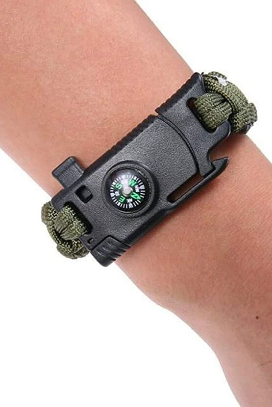 Bıçaklı Paracord Paraşüt Ipi Bileklik - Ateş Başlatıcı- Düdük - Pusula (haki)
