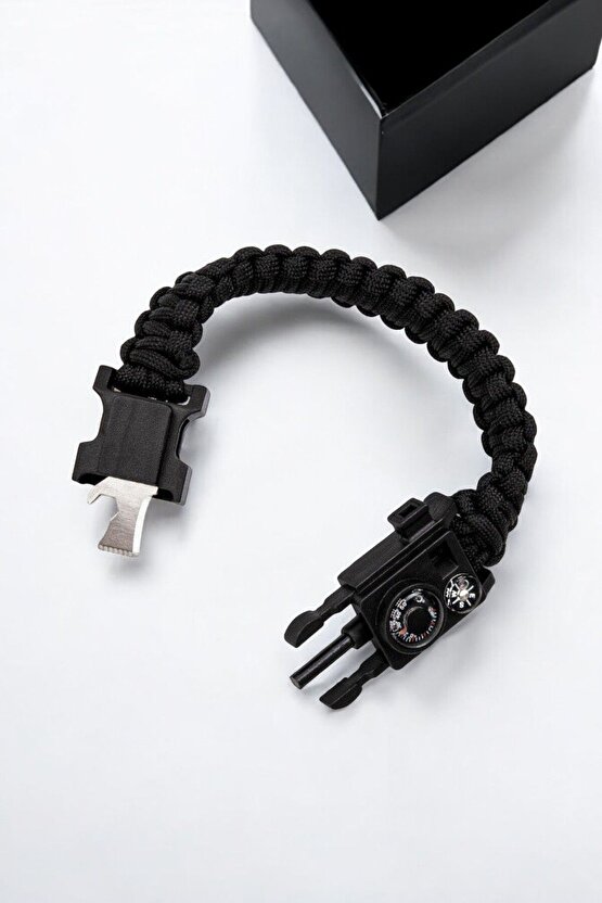 Paracord Survival Gizli Bölmeli Termometreli Olta Kanca Misinalı Siyah Renk Bileklik