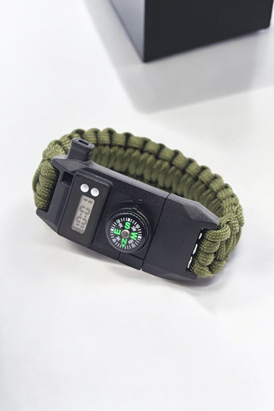 Paracord Haki Bileklik Dijital Saat Pusula Magnezyum Çubuğu