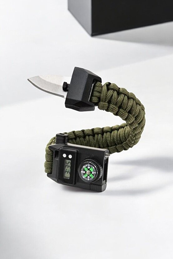 Paracord Haki Bileklik Dijital Saat Pusula Magnezyum Çubuğu