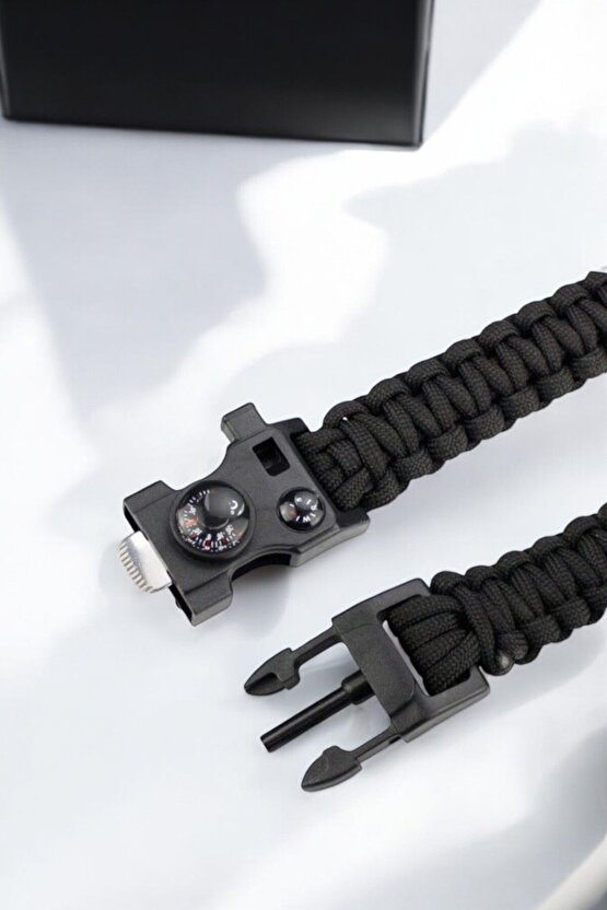 Paracord Survival 12 Özellikli Termometreli Siyah Renk Bileklik