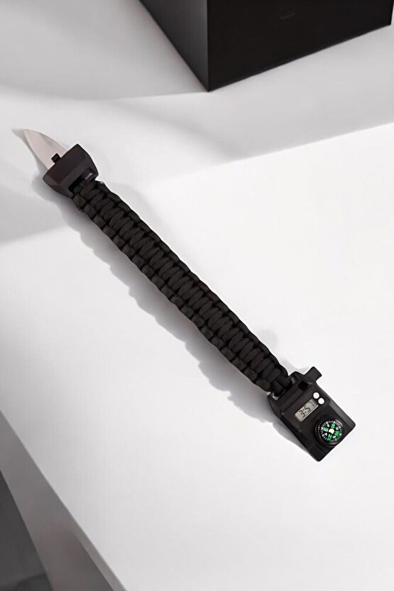 Paracord Siyah Bileklik Dijital Saat Pusula Ateş Başlatıcı Magnezyum Çubuğu
