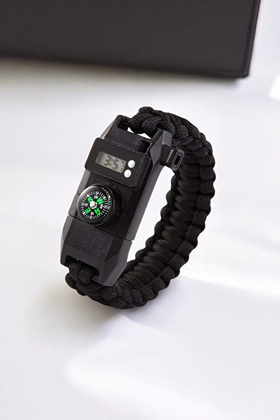 Paracord Siyah Bileklik Dijital Saat Pusula Ateş Başlatıcı Magnezyum Çubuğu