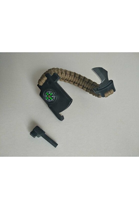 Paracord Survival Bileklik Bıçak Pusula Ateş Başlatıcı Magnezyum Ve Ikaz Düdüğü Kum Rengi