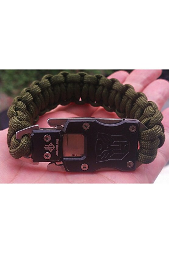 Avcı Kamuflaj Paracord Bilekliik Paslanmaz Çelik Bıçaklı Orjinal Çok Kalite Sağlam Haki Yeşil