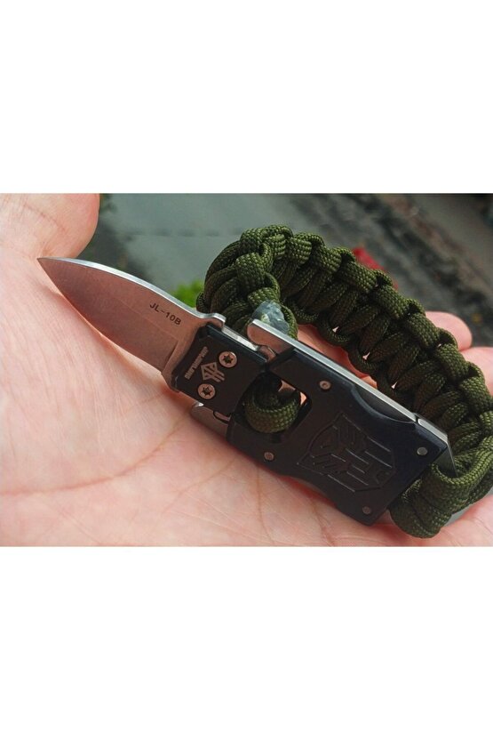 Avcı Kamuflaj Paracord Bilekliik Paslanmaz Çelik Bıçaklı Orjinal Çok Kalite Sağlam Haki Yeşil