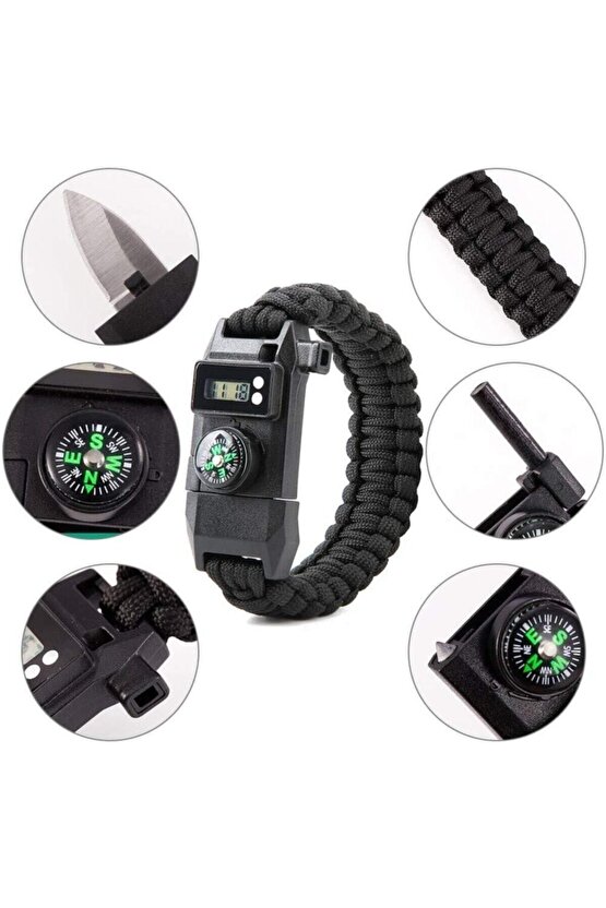 Paracord Bileklik Dijital Saat Pusula Ateş Başlatıcı