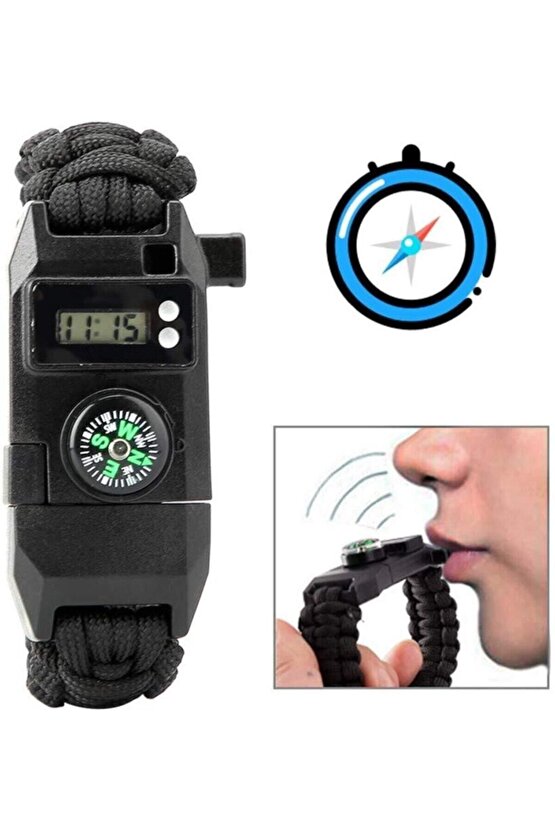 Paracord Bileklik Dijital Saat Pusula Ateş Başlatıcı