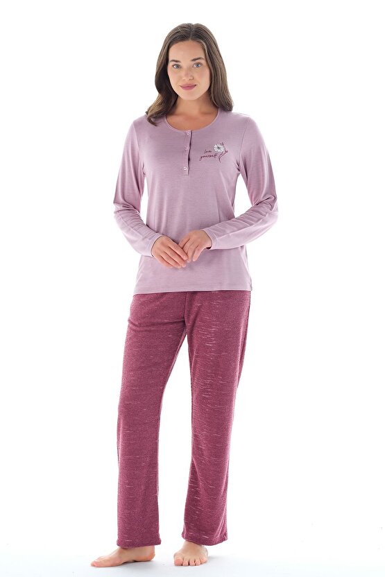 Kadın Yakası Düğmeli Zikzak Desenli Belden Kuşaklı 3lü Pijama Takımı