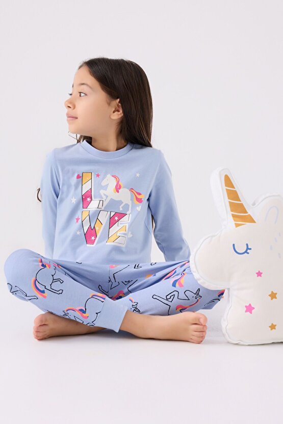 Kız Çocuk Mavi Uzun Kol Pijama Takım