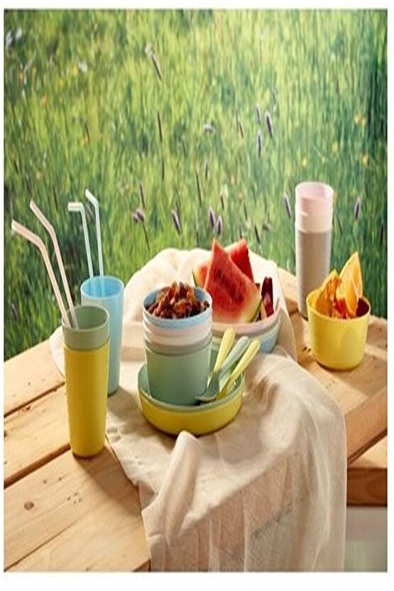 Plastik Kalas Tabak Seti Pastel Tonlar 6 Adet Çukur Tabak Modern BPA Free 6 Parça Sarı Yuvarlak 19
