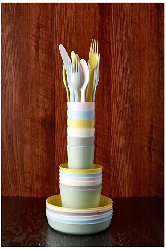 Plastik Kalas Tabak Seti Pastel Tonlar 6 Adet Çukur Tabak Modern BPA Free 6 Parça Sarı Yuvarlak 19
