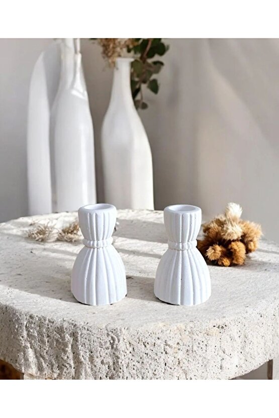 Dekoratif 2’li Şamdan Beton Mumluk Şamdan Beyaz