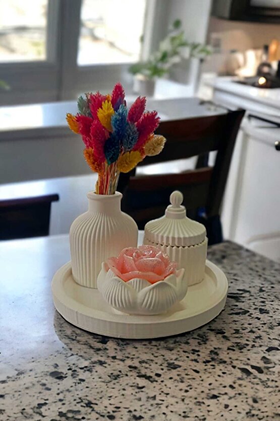 Dekoratif Hediyelik Daire Tabaklı Iskandinav Vazo Kapaklı Kutu Lotus Çiçeği Desenli Mumluk 4lü Set