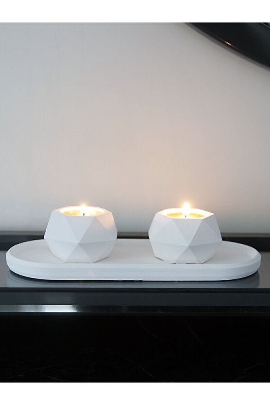 Geometrik Tealight Beton Mumluk, Oval Tabaklı Dekoratif Hediyelik Set Ham Beyaz