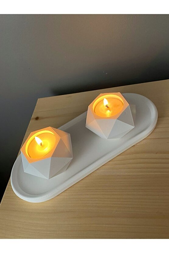 Geometrik Tealight Beton Mumluk, Oval Tabaklı Dekoratif Hediyelik Set Ham Beyaz