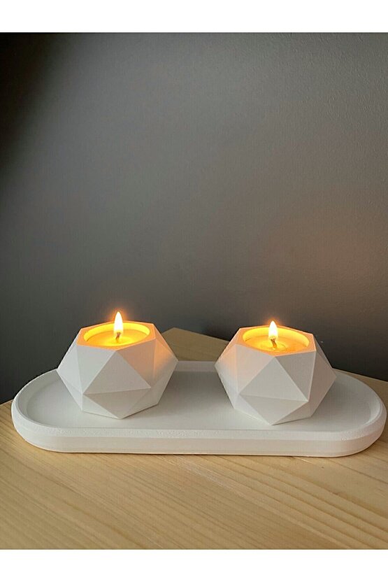 Geometrik Tealight Beton Mumluk, Oval Tabaklı Dekoratif Hediyelik Set Ham Beyaz