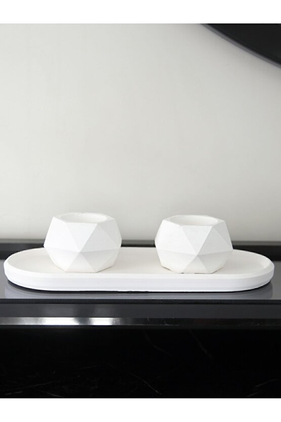 Geometrik Tealight Beton Mumluk, Oval Tabaklı Dekoratif Hediyelik Set Ham Beyaz