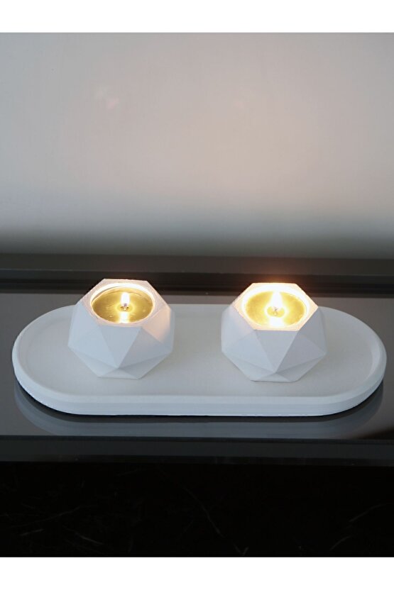 Geometrik Tealight Beton Mumluk, Oval Tabaklı Dekoratif Hediyelik Set Ham Beyaz