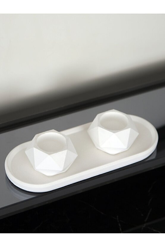 Geometrik Tealight Beton Mumluk, Oval Tabaklı Dekoratif Hediyelik Set Ham Beyaz