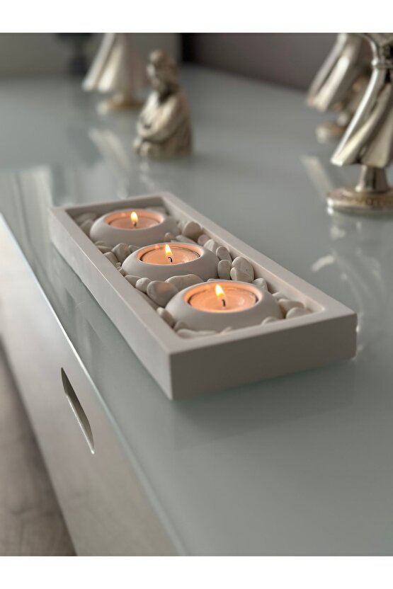 Mums Tabaklı Beton Mumluk Taş Dekorasyon Tealight Mumluk (MUMLAR VE TAŞ DAHİLDİR)