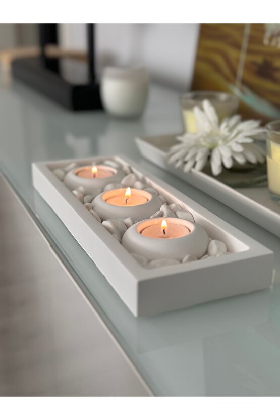 Mums Tabaklı Beton Mumluk Taş Dekorasyon Tealight Mumluk (MUMLAR VE TAŞ DAHİLDİR)