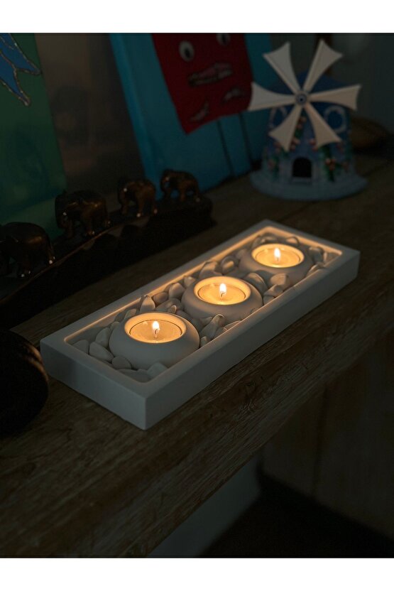 Mums Tabaklı Beton Mumluk Taş Dekorasyon Tealight Mumluk (MUMLAR VE TAŞ DAHİLDİR)