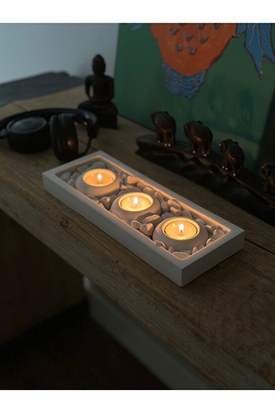 Mums Tabaklı Beton Mumluk Taş Dekorasyon Tealight Mumluk (MUMLAR VE TAŞ DAHİLDİR)