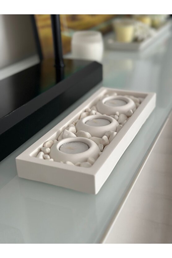 Mums Tabaklı Beton Mumluk Taş Dekorasyon Tealight Mumluk (MUMLAR VE TAŞ DAHİLDİR)