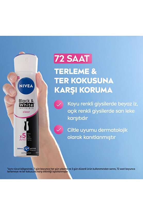 Kadın Sprey Deodorant Black&white Invisible Clear 150ml, 72 Saat Anti-perspirant Koruma