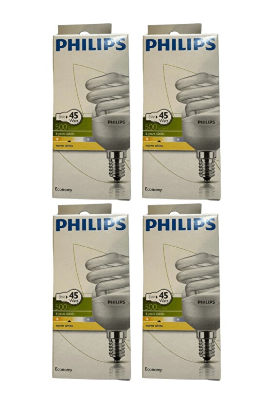 Economy 8W (45W) 827 2700K (Sarı Işık) E14 Duylu Floresan Ampul (4 Adet)