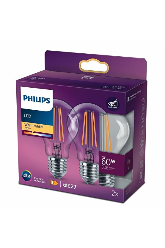 Filament Ampul Şeffaf 60 W Sarı Işık A60 E27 (2li)