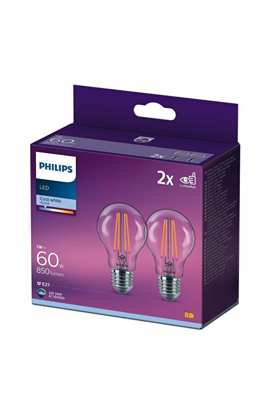 Filament Ampul Şeffaf 60 W Gün Işığı A60 E27 (2li)