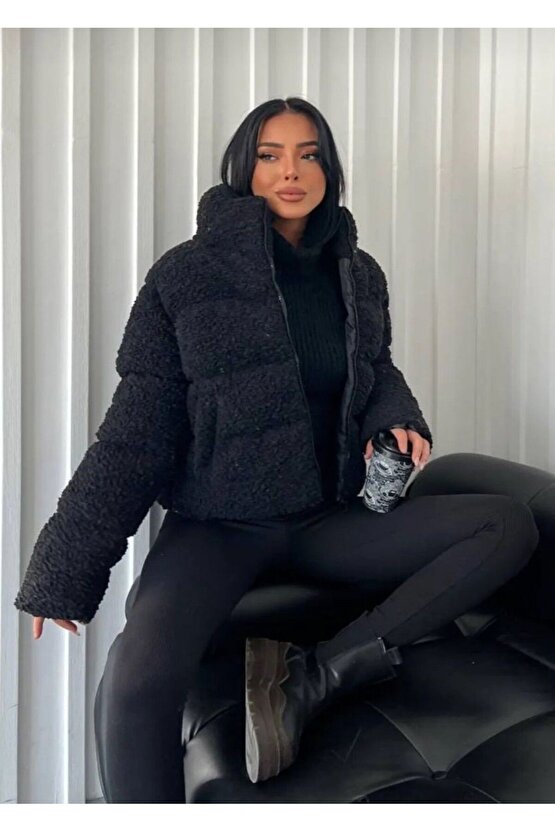 Peluş kabartma teddy siyah şişme mont