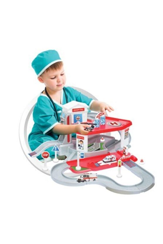 Ambulans Arabası Ve Helikopterli Hastane Garaj Seti 2 Katlı