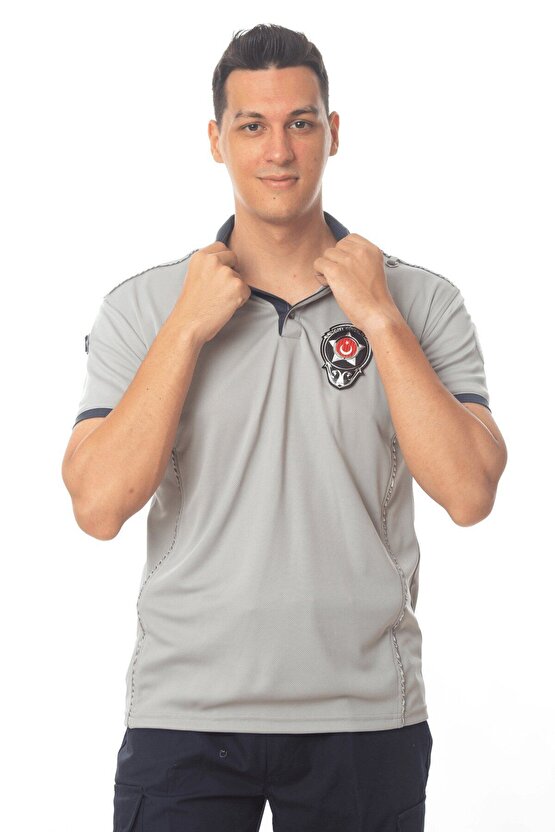 Kısa Kollu Reflektörlü Gri Renkli Yeni Tip Kamu Personel Mikrofiber Özel Güvenlik T-shirt