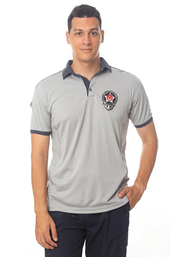 Kısa Kollu Reflektörlü Gri Renkli Yeni Tip Kamu Personel Mikrofiber Özel Güvenlik T-shirt