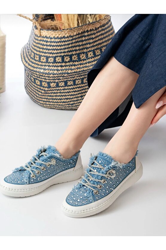 Kadın Kot Taşlı Kadın Günlük Denim Sneaker Spor Ayakkabı