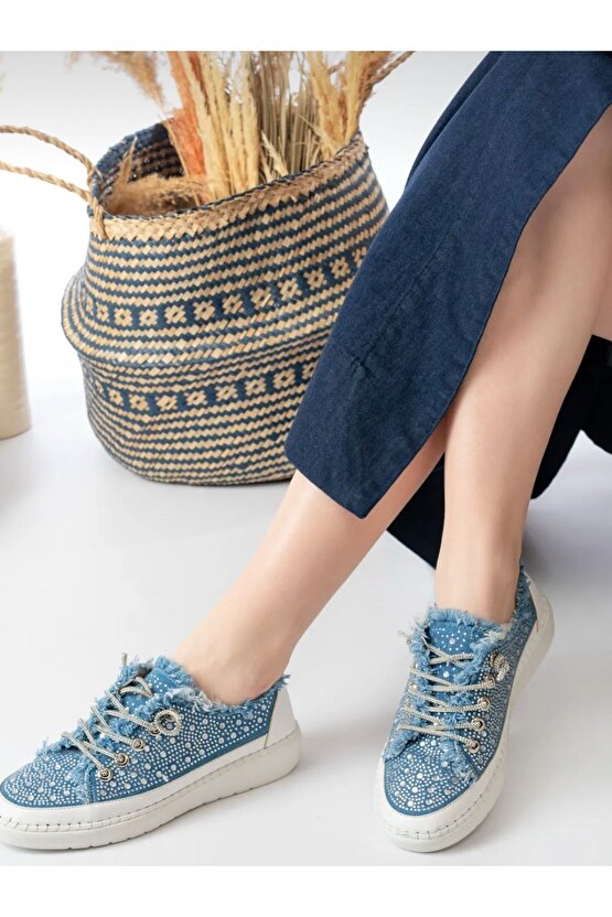 Kadın Kot Taşlı Kadın Günlük Denim Sneaker Spor Ayakkabı