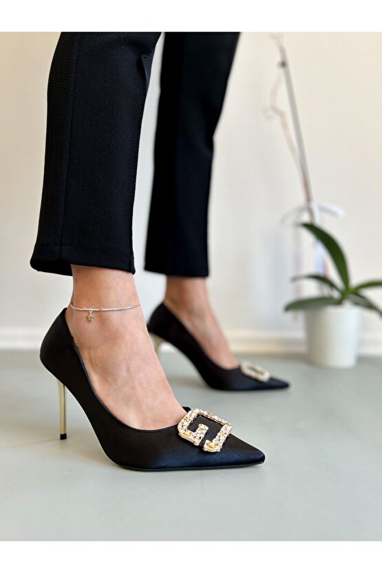 Saten Siyah Taşlı Topuklu Ayakkabı Stiletto