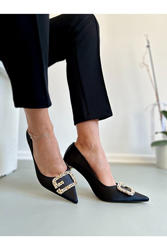 Saten Siyah Taşlı Topuklu Ayakkabı Stiletto