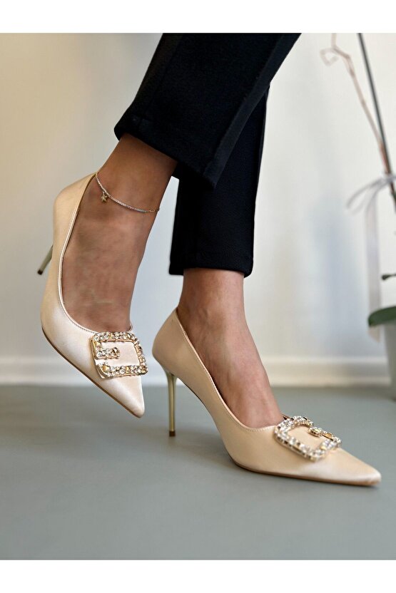 Saten Ten Taşlı Topuklu Ayakkabı Stiletto