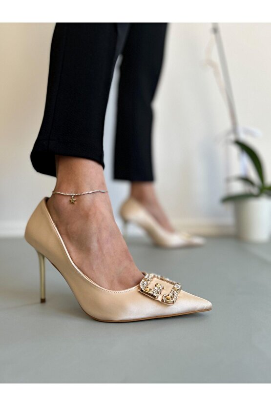 Saten Ten Taşlı Topuklu Ayakkabı Stiletto