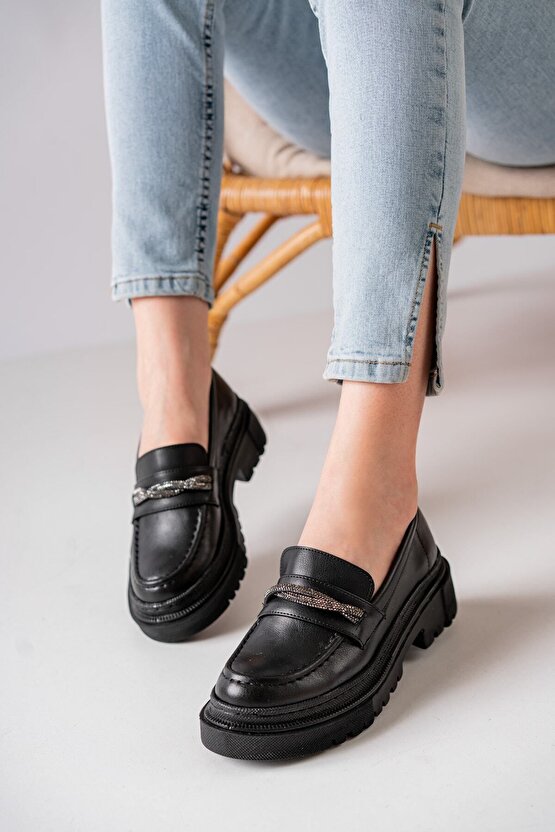 Kadın Taşlı Kalın Taban Loafer Makosen Ayakkabı